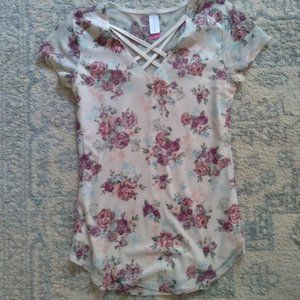 Floral White, Pink Purple Top Blouse XS Like New